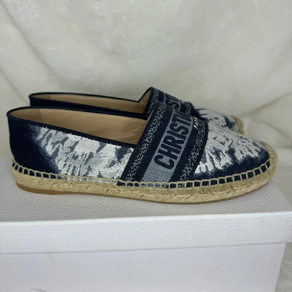 Dior Granville Tie Dye Denim Blue White Logo Embroidered Espadrille